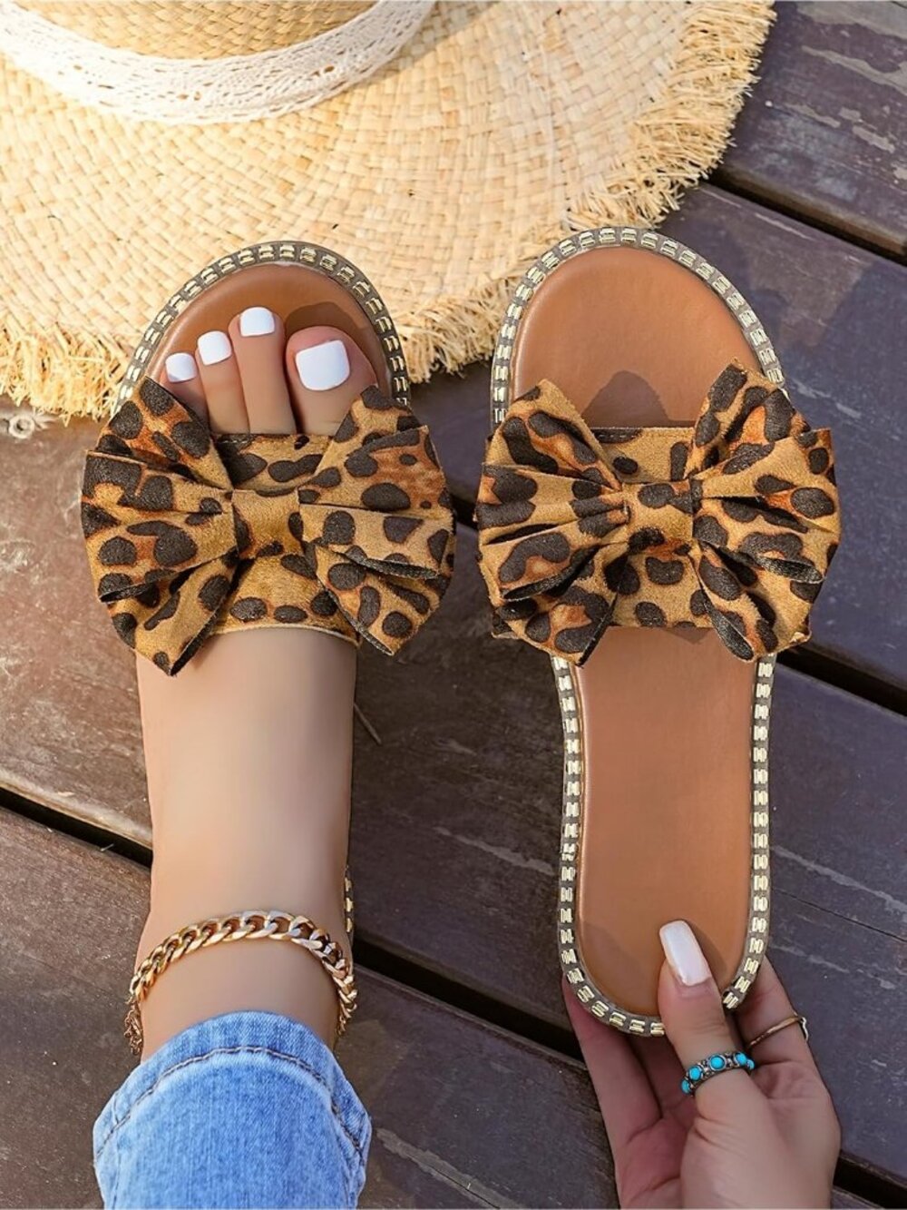 Women's Leopard Summer Faux Leather Slip On Bow Knot Slides Open Toe Flat Sandal - Picture 6 of 6